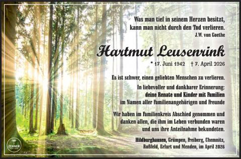 Traueranzeige Hartmut Leusenrink