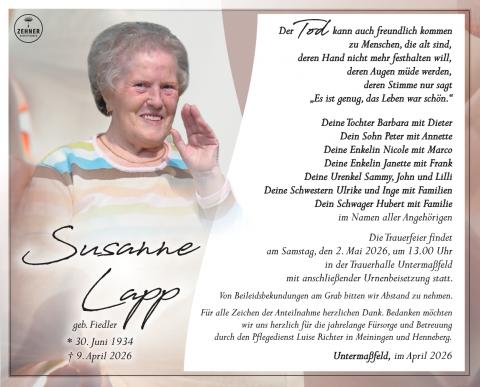 Traueranzeige Susanne Lapp