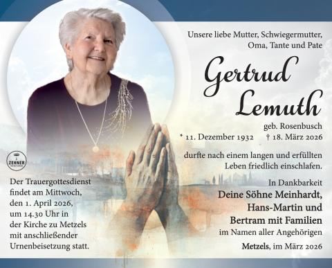 Traueranzeige Gertrud Lemuth
