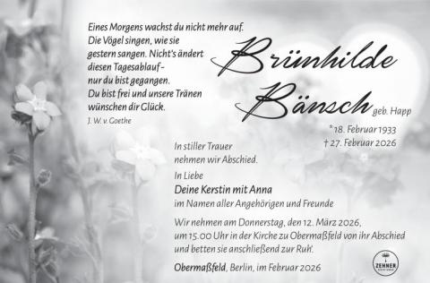 Traueranzeige Brünhilde Bänsch