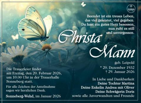 Traueranzeige Christa Mann