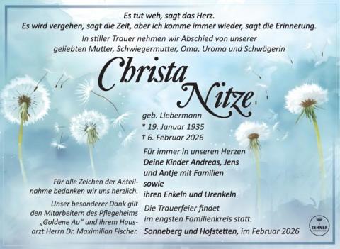 Traueranzeige Christa Nitze