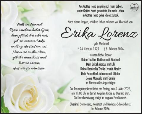 Traueranzeige Erika Lorenz