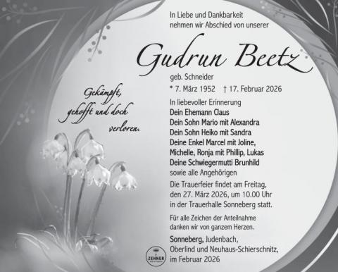 Traueranzeige Gudrun Beetz
