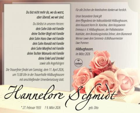 Traueranzeige Hannelore Schmidt