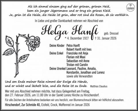 Traueranzeige Helga Hanft