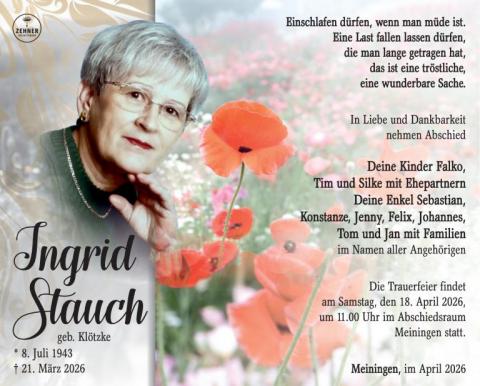 Traueranzeige Ingrid Stauch
