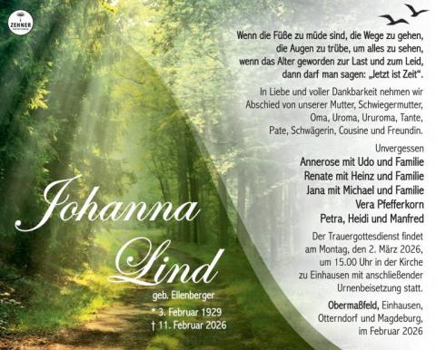 Traueranzeige Johanna Lind