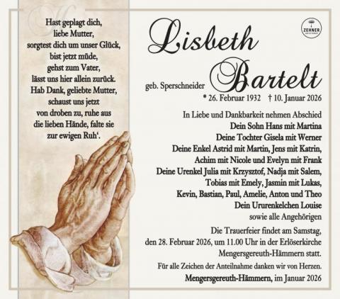 Traueranzeige Lisbeth Bartelt