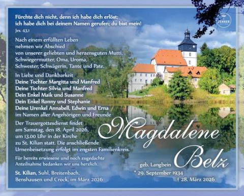 Traueranzeige Magdalene Belz