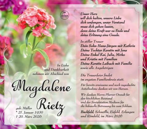 Traueranzeige Magdalene Rietz