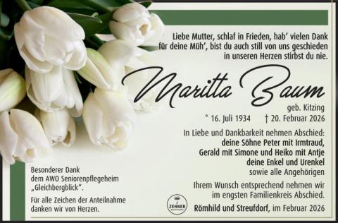 Traueranzeige Maritta Baum