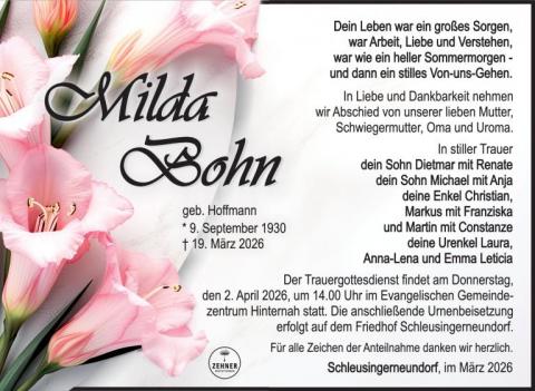 Traueranzeige Milda Bohn