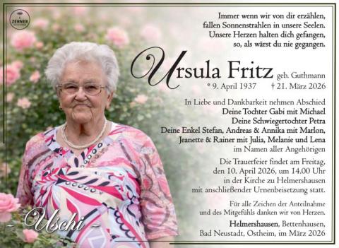 Traueranzeige Ursula Fritz