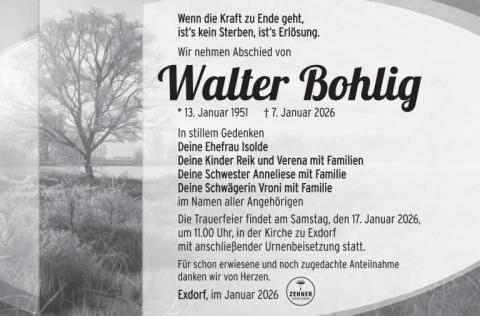 Traueranzeige Walter Bohlin