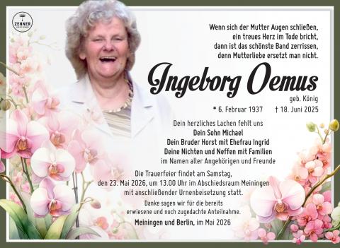 Traueranzeige Ingeborg Oemus