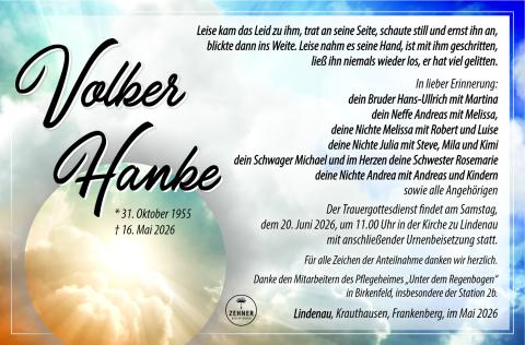 Traueranzeige Volker Hanke