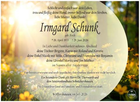 Traueranzeige Irmgard Schunk
